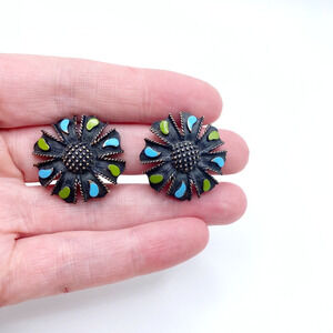 Vintage Flower Clip On Earrings MCM Black Blue Green Enamel Modernist Alan J 1"